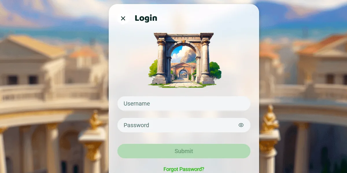 Casino login popup with username and password fields, a green “Submit” button, and password recovery link, centered over a softly blurred ancient Roman courtyard background with columns and statues.